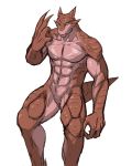  4:5 abs anthro aomura_saki_(pixiv) biceps brown_scales countershading countershading_torso featureless_crotch lizard looking_at_viewer male mature_male muscular muscular_male nude pecs quads reptile scales scalie simple_background solo white_background 