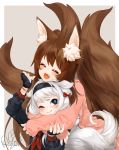  2017 2girls animal_ear_fluff animal_ears blade_&amp;_soul blue_eyes blush brown_hair commission fox_ears fox_girl fox_tail gloves headband hug hug_from_behind long_hair lyn_(blade_&amp;_soul) multiple_girls multiple_tails pink_cardigan plushmallow plushmallow_(lyn) ribbon signature silver_hair struggling tail 