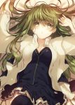  1girl bangs black_dress blush breasts cecilia_(shiro_seijo_to_kuro_bokushi) cleavage dress eyebrows_visible_through_hair green_eyes green_hair kazutake_hazano long_hair long_sleeves looking_at_viewer shiro_seijo_to_kuro_bokushi short_dress solo wide_sleeves 