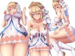  1girl bangs bare_shoulders blonde_hair blue_eyes blush boots breasts cleavage closed_mouth collarbone covered_navel dress europa_(granblue_fantasy) eyebrows_visible_through_hair granblue_fantasy hand_on_own_chest large_breasts lips looking_at_viewer meropan multiple_views open_mouth panties shiny shiny_hair shiny_skin short_dress short_hair smile strapless strapless_dress underwear white_footwear white_panties 