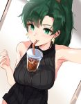  1girl arm_up bangs bare_arms bare_shoulders black_sweater blush breasts cup disposable_cup dress drinking drinking_straw earrings eyebrows_visible_through_hair fingernails fire_emblem fire_emblem:_rekka_no_ken green_eyes green_hair hand_up highres jewelry long_hair looking_at_viewer lyndis_(fire_emblem) medium_breasts object_on_breast ormille ponytail ribbed_sweater sleeveless smile solo sweater sweater_dress 