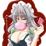  areola_slip areolae bangs blush body_blush bow braid breast_squeeze breasts cleavage clothes_down collarbone condom condom_in_mouth hair_bow headband inflated_condom izayoi_sakuya large_breasts looking_at_viewer maid maid_headdress mouth_hold naughty_face nipple_slip nipples off_shoulder open_clothes open_shirt red_background red_eyes shiny shiny_clothes shiny_hair shiny_skin shirt silver_hair solo tajima_yuuki touhou twin_braids upper_body 