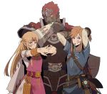  1girl 2boys abs adjusting_hair armor arms_up belt blonde_hair blue_eyes bow_(weapon) bracelet bracer bruise_on_face cape circlet dark_skin dark_skinned_male dirty_clothes dirty_face earrings flexing ganondorf gerudo highres jewelry link mouth_hold multiple_boys nintendo pointy_ears pose princess_zelda red_hair redlhzz sheikah_slate shield shirt short_hair standing stretch super_smash_bros. super_smash_bros._ultimate the_legend_of_zelda the_legend_of_zelda:_breath_of_the_wild tiara toned toned_male torn_clothes triforce weapon 