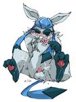  balls blue_hair blush chest_tuft condom condom_in_mouth cum cum_on_body cum_on_face cum_on_feet eeveelution feral fur glaceon hair hindpaw looking_at_viewer male nekogarasu nintendo paws penis plain_background pok&#233;mon pokemon solo tuft video_games white_background 