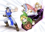  absurdres belt blonde_hair blue_eyes brown_hair castlevania coffin dress gloves gown headband highres link long_hair multiple_boys nintendo pointy_ears portal_(object) princess_zelda richter_belmondo rx_hts short_hair simple_background super_smash_bros. super_smash_bros._ultimate sword the_legend_of_zelda the_legend_of_zelda:_ocarina_of_time translation_request triforce weapon whip wooden_shield 