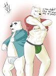  2019 aggressive_retsuko anthro belly black_nose blue_eyes clothed clothing duo english_text hikaristar_art humanoid_hands jockstrap male mammal muscular open_shirt overweight overweight_male polar_bear sanrio shirota shirt text topwear underwear undressing ursid ursine 