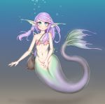  2019 5_fingers bag blue_eyes bottomless bubble clothed clothing covering covering_crotch digital_media_(artwork) ear_fins eyelashes female fin fish_tail flat_chested full-length_portrait hair humanoid kionant long_ears long_hair long_tail looking_at_viewer marine merfolk navel portrait purple_hair signature solo tail_fin thick_tail underwater uniped water 