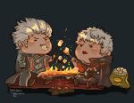  2boys callus_ran chibi commentary dated devil_may_cry devil_may_cry_5 english_commentary father_and_son fire food grey_hair marshmallow multiple_boys nero_(devil_may_cry) open_mouth red_queen_(sword) roasting solid_oval_eyes spoilers vergil 