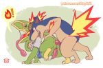  2019 all_fours anal anal_penetration balls bite blush butt clothed clothing digital_media_(artwork) doggystyle duo erection fire from_behind_(disambiguation) from_behind_position fur kecleon lee_the_kec luther_heat male male/male mammal nintendo open_mouth penetration penis pok&eacute;mon pok&eacute;mon_(species) puggy quilava reptile rough_(disambiguation) scalie sex shirt simple_background speech_bubble tongue tongue_out topwear video_games 