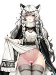  1girl absurdres animal_ear_fluff animal_ears arknights ass_visible_through_thighs ateoyh bangs belt belt_buckle black_belt black_capelet blush braid breasts buckle capelet commentary_request cowboy_shot fringe_trim grey_eyes groin hair_between_eyes hair_ornament hand_up headpiece highres leopard_ears leopard_girl lifted_by_self long_hair long_sleeves looking_at_viewer navel parted_lips pelvic_curtain pramanix_(arknights) side_braids simple_background skirt skirt_hold skirt_lift solo standing stomach thighhighs turtleneck turtleneck_dress twin_braids very_long_hair wavy_hair white_background white_hair wide_sleeves 
