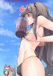  2girls anger_vein bangs between_breasts bikini black_bikini black_swimsuit blue_sky breast_envy breast_squeeze breasts brown_eyes brown_hair bubble_tea_challenge chung_cthemax cloud day eyebrows_visible_through_hair flat_chest girls_frontline grey_hair hair_between_eyes hair_ornament hairclip highres large_breasts long_hair looking_down multiple_girls one_side_up outdoors scar scar_across_eye shaded_face shiny shiny_skin sky slingshot_swimsuit smile swimsuit tearing_up trembling twintails ump45_(girls_frontline) ump9_(girls_frontline) 