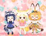  3girls animal_ears animal_print black_gloves black_skirt blonde_hair blunt_ends blush bow bowtie closed_eyes common_raccoon_(kemono_friends) dress_shirt elbow_gloves fennec_(kemono_friends) gloves holding_hands kemono_friends leopard_print milo multiple_girls open_mouth petals pleated_skirt ribbon serval_(kemono_friends) shirt short_hair skirt smile standing star sweater tail thighhighs twitter_username white_footwear white_skirt 