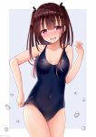  1girl bangs bare_arms bare_shoulders black_bow black_swimsuit blush bow breasts brown_hair collarbone commentary_request covered_navel eyebrows_visible_through_hair grey_background hair_between_eyes hair_bow hand_up head_tilt long_hair medium_breasts nose_blush one-piece_swimsuit original parted_lips purple_eyes sakura_hiyori solo swimsuit two-tone_background two_side_up water_drop white_background 