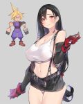  1boy 1girl 3: arm_warmers bare_shoulders belt black_hair black_skirt blush breasts cleavage closed_mouth cloud_strife collarbone covered_nipples cowboy_shot crop_top earrings elbow_pads final_fantasy final_fantasy_vii gloves grey_background hand_up jewelry large_breasts long_hair looking_at_viewer low-tied_long_hair midriff miniskirt navel panties pop_kyun red_eyes red_gloves shirt simple_background skirt sleeveless sleeveless_shirt solo_focus standing suspender_skirt suspenders sweat tank_top thighs tifa_lockhart underwear very_long_hair white_panties white_shirt 