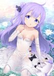  1girl :o azur_lane bangs bare_shoulders black_bow black_ribbon bow breasts collarbone commentary detached_sleeves dress english_commentary eyebrows_visible_through_hair flower hair_bun hair_ribbon isa long_hair long_sleeves looking_at_viewer lotus parted_lips purple_eyes purple_hair ribbon shallow_water side_bun sitting small_breasts solo strap_slip stuffed_alicorn stuffed_animal stuffed_toy thighhighs unicorn_(azur_lane) very_long_hair wariza water wet wet_clothes wet_dress white_dress white_flower white_legwear white_sleeves 