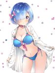  1girl :o bikini black_choker blue_bikini blue_eyes blue_hair bow breasts choker cleavage collarbone cowboy_shot floral_background hair_bow hair_ornament hair_over_one_eye halterneck large_breasts long_sleeves looking_at_viewer melings_(aot2846) navel open_clothes open_shirt parted_lips pink_bow re:zero_kara_hajimeru_isekai_seikatsu rem_(re:zero) shirt short_hair side-tie_bikini sidelocks solo standing stomach swimsuit thighs white_background white_shirt x_hair_ornament 