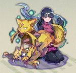  1girl bangs black_hair black_legwear black_sleeves blunt_bangs closed_mouth dress floating_hair gen_1_pokemon grey_background gym_leader holding holding_spoon kadabra kantarou_(8kan) kneeling long_hair long_sleeves natsume_(pokemon) pantyhose pokemon pokemon_(game) pokemon_frlg red_dress red_eyes shiny shiny_hair short_dress sitting spoon star sweatdrop very_long_hair 