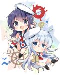  2girls akatsuki_(kantai_collection) binoculars black_sailor_collar blue_eyes chibi dress enemy_lifebuoy_(kantai_collection) hair_between_eyes hat hibiki_(kantai_collection) highres hizuki_yayoi kantai_collection long_hair messy_hair multiple_girls necktie open_mouth purple_eyes purple_hair red_neckwear sailor_collar sailor_dress sailor_hat scallop ship&#039;s_wheel silver_hair sleeveless sleeveless_dress smile string_of_flags white_background white_dress white_headwear 