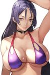  1girl 55level arm_at_side arm_up armpit_crease armpits bare_shoulders bikini black_choker breasts choker closed_mouth collarbone commentary expressionless fate/grand_order fate_(series) hair_between_eyes halterneck large_breasts lips long_hair looking_at_viewer minamoto_no_raikou_(fate/grand_order) minamoto_no_raikou_(swimsuit_lancer)_(fate) purple_bikini purple_bikini_top purple_eyes purple_hair simple_background solo swimsuit upper_body v-shaped_eyebrows white_background 
