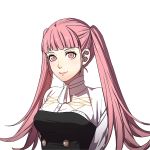  1girl bangs blunt_bangs breasts cravat fire_emblem fire_emblem:_fuukasetsugetsu hair_pulled_back high_collar hilda_(fire_emblem:_fuukasetsugetsu) kurahana_chinatsu long_hair looking_at_viewer medium_breasts official_art pink_eyes pink_hair shirt smile solo transparent_background twintails uniform upper_body 