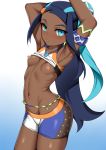  1girl armlet armpits bare_shoulders black_hair blue_eyes blue_hair blush breasts chain dark_skin earrings forehead gradient gradient_background hair_bun hoop_earrings jewelry long_hair looking_at_viewer multicolored_hair navel necklace open_mouth pokemon pokemon_(game) pokemon_swsh rurina_(pokemon) shorts small_breasts solo sports_bra thighs toshishikisai 