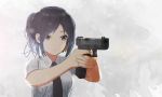  1girl aiming black_eyes black_hair commentary extended_magazine glock gun handgun necktie original pistol ponytail solo weapon ylmi 