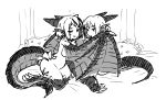  2girls bed breasts claws curvy dragon_girl dragon_horns dragon_wings greyscale heart highres horns latenight looking_at_viewer monochrome monster_girl monster_girl_encyclopedia multiple_girls nude pillow scales short_hair sketch smile tail thighs winged_arms wings wyvern_(monster_girl_encyclopedia) yellow_eyes 