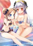  2girls :p :t abigail_williams_(fate/grand_order) bangs bare_arms bare_shoulders bikini black_bikini black_bow blonde_hair blue_bikini blue_eyes blush bow breasts cleavage closed_mouth collarbone commentary_request double_bun dragon_horns eating emerald_float eyebrows_visible_through_hair fate/grand_order fate_(series) food food_on_face forehead frilled_bikini frills hair_between_eyes hair_bow hands_on_own_face high_ponytail holding holding_food horns ice_cream ice_cream_cone ice_cream_on_face innertube jin_young-in kiyohime_(fate/grand_order) kiyohime_(swimsuit_lancer)_(fate) kneeling large_breasts long_hair multiple_girls orange_bow parted_bangs polka_dot polka_dot_bow ponytail red_eyes side_bun silver_hair sitting soft_serve swimsuit tongue tongue_out very_long_hair yellow_bow 