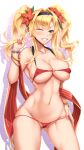  1girl ;d ass_visible_through_thighs bangle bangs bare_shoulders bikini blonde_hair blue_eyes blush bracelet breasts cleavage collarbone commentary_request contrapposto cowboy_shot eyewear_on_head flower granblue_fantasy grin groin hair_flower hair_ornament hairband hibiscus highres jewelry large_breasts long_hair looking_at_viewer micro_bikini navel o-ring o-ring_top one_eye_closed open_mouth red_bikini shuugetsu_karasu sidelocks smile solo stomach swimsuit thighs twintails v zeta_(granblue_fantasy) 