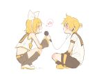  1boy 1girl bangs bare_shoulders belt blonde_hair blush bow cable closed_eyes commentary crop_top detached_sleeves earphones eighth_note fang from_side headband highres holding holding_microphone kagamine_len kagamine_rin knee_blush leg_warmers looking_at_another m0ti microphone music musical_note neckerchief sailor_collar school_uniform shirt short_hair short_ponytail shorts singing sitting smile speech_bubble spoken_musical_note squatting symbol_commentary twitter_username vocaloid white_background white_bow white_shirt 