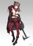  1girl 2019 animal_ears arknights axe bangs black_footwear black_jacket black_legwear black_sailor_collar black_shirt blue_eyes boots brown_hair brown_skirt character_request cross-laced_footwear earbuds earphones eyebrows_visible_through_hair full_body fur-trimmed_jacket fur_trim gradient gradient_background grey_background hair_between_eyes hand_up highres holding holding_axe jacket kneehighs lace-up_boots long_hair long_sleeves looking_at_viewer multicolored_hair open_clothes open_jacket pantyhose pleated_skirt rabbit_(tukenitian) red_hair red_legwear red_neckwear ribbed_legwear sailor_collar school_uniform serafuku shirt skirt solo standing streaked_hair v-shaped_eyebrows white_background white_jacket zima_(arknights) 