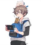  1boy backpack bag brown_hair bubble_tea bubble_tea_challenge commentary drawstring drinking_straw english_commentary game_console holding hood hood_down hoodie long_sleeves looking_at_viewer male_focus nagu nintendo_switch original pants purple_eyes short_hair short_over_long_sleeves short_sleeves signature simple_background upper_body white_background 