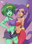  2019 bigdead93 blue_eyes bottomwear bra breasts capcom clothed clothing duo ear_piercing female genie gradient_background green_hair hair hi_res humanoid humanoid_pointy_ears long_hair looking_at_viewer navel not_furry open_mouth pants piercing ponytail purple_hair red_eyes rottytops shantae shantae_(series) shirt short_hair shorts simple_background topwear undead underwear video_games wayforward zombie 