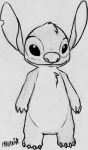  2010 4_fingers 4_toes alien chest_tuft claws disney experiment_(species) fur greyscale head_tuft lilo_and_stitch looking_at_viewer malakialagatta monochrome notched_ear simple_background sketch smile solo standing stitch toes traditional_media_(artwork) tuft 