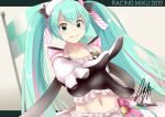  1girl 2019 absurdres aqil_sahar aqua_eyes aqua_hair bangs bow breasts closed_mouth crypton_future_media elbow_gloves eyes_visible_through_hair flag flag_background foreshortening frills gloves goodsmile_racing hair_bow hair_ornament hair_ribbon hat hatsune_miku highres index_finger_raised layered_skirt long_hair looking_at_viewer medium_breasts midriff multicolored_hair navel outstretched_arm outstretched_hand pale_skin perspective pleated_skirt race_queen racing_miku racing_miku_(2019) ribbon shiny shiny_hair skirt sleeveless smile solo twintails very_long_hair vocaloid 
