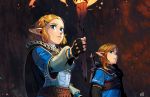  1boy 1girl bangs black_cape black_gloves blonde_hair blue_jacket braid cape commentary crown_braid english_commentary from_below gloves hair_ornament hairclip highres holding_torch jacket john_crayton link parted_bangs pointy_ears princess_zelda short_hair short_sleeves sword the_legend_of_zelda the_legend_of_zelda:_breath_of_the_wild the_legend_of_zelda:_breath_of_the_wild_2 torch weapon 