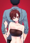  1boy 1girl absurdres back-to-back black_hair blue_shirt breasts brown_hair chain city_hunter cleavage collarbone grin head_tilt highres holding large_breasts long_sleeves looking_at_viewer makimura_kaori navel ramazu red_background red_eyes saeba_ryou shirt short_hair simple_background smile strapless tubetop 