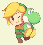  1boy blonde_hair boots chibi dinosaur hug link mario_(series) one_eye_closed pointy_ears simple_background smile solo stuffed_toy the_legend_of_zelda the_legend_of_zelda:_link&#039;s_awakening toy wusagi2 yoshi 