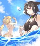  3girls absurdres alternate_costume alternate_hairstyle ass ball beachball bikini black_bikini black_hair blonde_hair blue_sky blush breasts cloud collarbone day fate/grand_order fate_(series) head_wings highres hildr_(fate/grand_order) large_breasts long_hair looking_at_viewer medium_hair mithurugi-sugar multiple_girls ocean ortlinde_(fate/grand_order) partially_submerged pink_bikini pink_hair ponytail red_eyes short_hair side-tie_bikini sideboob sky sun swimsuit thrud_(fate/grand_order) twitter_username underboob valkyrie_(fate/grand_order) yellow_bikini 