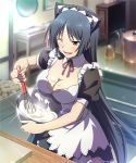  1girl animal_ears apron artist_request black_hair breasts cat_ears cleavage cooking detached_collar fake_animal_ears fudou_akio_(trinity_seven) hair_ribbon indoors large_breasts long_hair maid maid_apron maid_headdress mixing_bowl official_art one_eye_closed open_mouth orange_eyes ribbon smile solo source_request trinity_seven very_long_hair whisk 