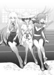  3girls alternate_costume bench blush bracelet breasts casual commentary_request dress fate/grand_order fate_(series) food greyscale hat hildr_(fate/grand_order) jewelry large_breasts long_hair looking_to_the_side meiji_ken midriff monochrome multiple_girls navel ortlinde_(fate/grand_order) popsicle sandals shoe_removed shoes short_hair short_shorts shorts single_shoe sitting skirt straw_hat sundress thrud_(fate/grand_order) valkyrie_(fate/grand_order) very_long_hair wristband 