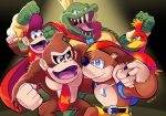  1girl 4boys absurdres ape artist_request backpack bag banjo-kazooie banjo_(banjo-kazooie) bear bird blue_eyes brown_hair crocodilian crossover crown diddy_kong donkey_kong donkey_kong_(series) donkey_kong_country feathers green_eyes hat highres kazooie_(banjo-kazooie) king_k._rool looking_at_viewer multiple_boys necktie open_mouth sharp_teeth shorts simple_background smile super_smash_bros. teeth wings 