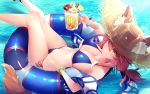  1girl animal_ear_fluff animal_ears bangle bangs bikini blue_bikini blush bracelet breasts cleavage cup day ears_through_headwear fate/grand_order fate_(series) feet_out_of_frame fox_ears fox_tail hat holding holding_cup innertube jewelry koruta_(nekoimo) large_breasts long_hair looking_at_viewer navel outdoors pink_hair reclining side-tie_bikini smile solo straw_hat sun_hat sunlight swimsuit tail tamamo_(fate)_(all) tamamo_no_mae_(swimsuit_lancer)_(fate) tropical_drink yellow_eyes 