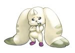  ambiguous_gender anthro clothing crocs digimon digimon_(species) footwear fur horn lagomorph long_ears looking_at_viewer mammal simple_background solo terriermon white_background white_fur zakoryu 