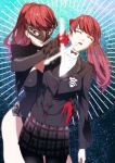  1girl black_leotard bow closed_eyes gloves glowing glowing_weapon hair_bow holding holding_sword holding_weapon leotard mask mizu_cx open_eyes parted_lips persona persona_5 persona_5_the_royal plaid plaid_skirt pulling red_eyes red_gloves red_hair school_uniform skirt sky smile star_(sky) starry_sky sword tied_hair weapon yoshizawa_kasumi 