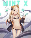  1girl abigail_williams_(fate/grand_order) aliceblue bandaid_on_forehead bangs bare_shoulders bikini black_bow black_jacket blonde_hair blue_eyes blush bow bow_bikini collarbone commentary_request cowboy_shot fate/grand_order fate_(series) flat_chest food forehead groin hair_bow hair_bun heroic_spirit_traveling_outfit highres holding holding_food jacket long_hair long_sleeves looking_at_viewer micro_bikini navel off_shoulder open_clothes open_jacket orange_bow parted_bangs polka_dot polka_dot_bow popsicle revision solo spill standing stomach strap_slip swimsuit tentacles thighs tongue tongue_out 