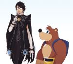  anthro backpack banjo-kazooie banjo_(banjo-kazooie) bayonetta bayonetta_(character) black_hair blue_eyes bottomwear brown_fur clothed clothing crossover duo eyewear female fur glasses gloves hair handwear hanpetos human jewelry looking_up male mammal meme microphone necklace open_mouth rareware sega shorts size_difference smile standing teeth ursid video_games 