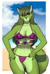  2019 4_breasts anthro beach bikini breasts canid canine clothed clothing female fur green_eyes green_fur green_hair hair hand_on_hip hi_res long_hair looking_at_viewer mammal multi_breast outside porin seaside smile solo standing swimwear thigh_gap 