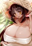  1girl bare_shoulders breasts brown_eyes cleavage collarbone covered_nipples dress hat highres huge_breasts long_hair looking_at_viewer metk open_mouth original plant shadow skindentation smile solo straw_hat upper_body white_dress 