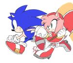  1boy 1girl amy_rose aoi_(aoii91) blush dated dress english_commentary gloves green_eyes hairband hammer highres holding_hands red_dress red_footwear red_hairband running shoes signature sonic sonic_the_hedgehog white_background 